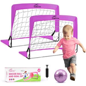 4Pcs Soccer Goals Set 2Pcs Soccer Nets 2x1.5ft 1Pcs Ball 1Pcs Pump Indoor Soccer Nets for Kids with Size 2 Toddler Soccer Ball Foldable Net with Pump Pink Purple for Children Boys Girls