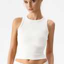 QINSEN Women's Cotton Ribbed Basic Tank Top Crew Neck Slim Fitted Sleeveless Crop Top (White, S)