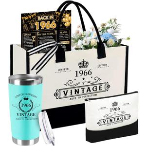 60th Birthday Gifts for Women Her- 4 pcs, Turning 60 Year Old Gifts, Birthday Decorations Canvas Beach Tote Bag & Makeup Bag, Unique Happy 60th Present for Her Mom Wife Friends (Vintage 1966 (60th))