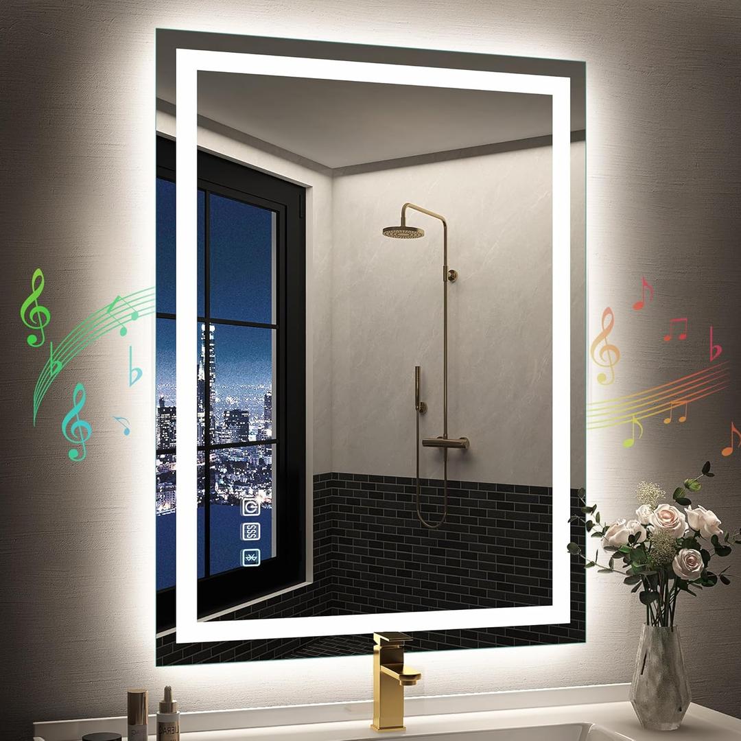 SBAGNO 24x32 LED-Bathroom-Mirror-with-Bluetooth, Dimmable-Lighted-Bathroom-Vanity-Mirror-with-3-ColorsBacklit + Front Lit, Memory Function, Anti-Fog, Tempered Glass, Horizontal/Vertical