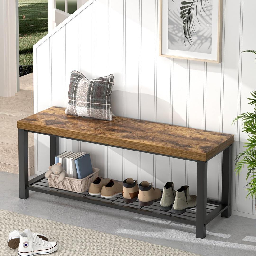 EXCEFUR Entryway Bench, Modern Wood and Metal Storage Bench for Hallway Front Door Entrance, Industrial Indoor Shoe Rack Bench Seat for Living Room Bedroom, 43.3 Inch Rustic Brown, 2-Tier