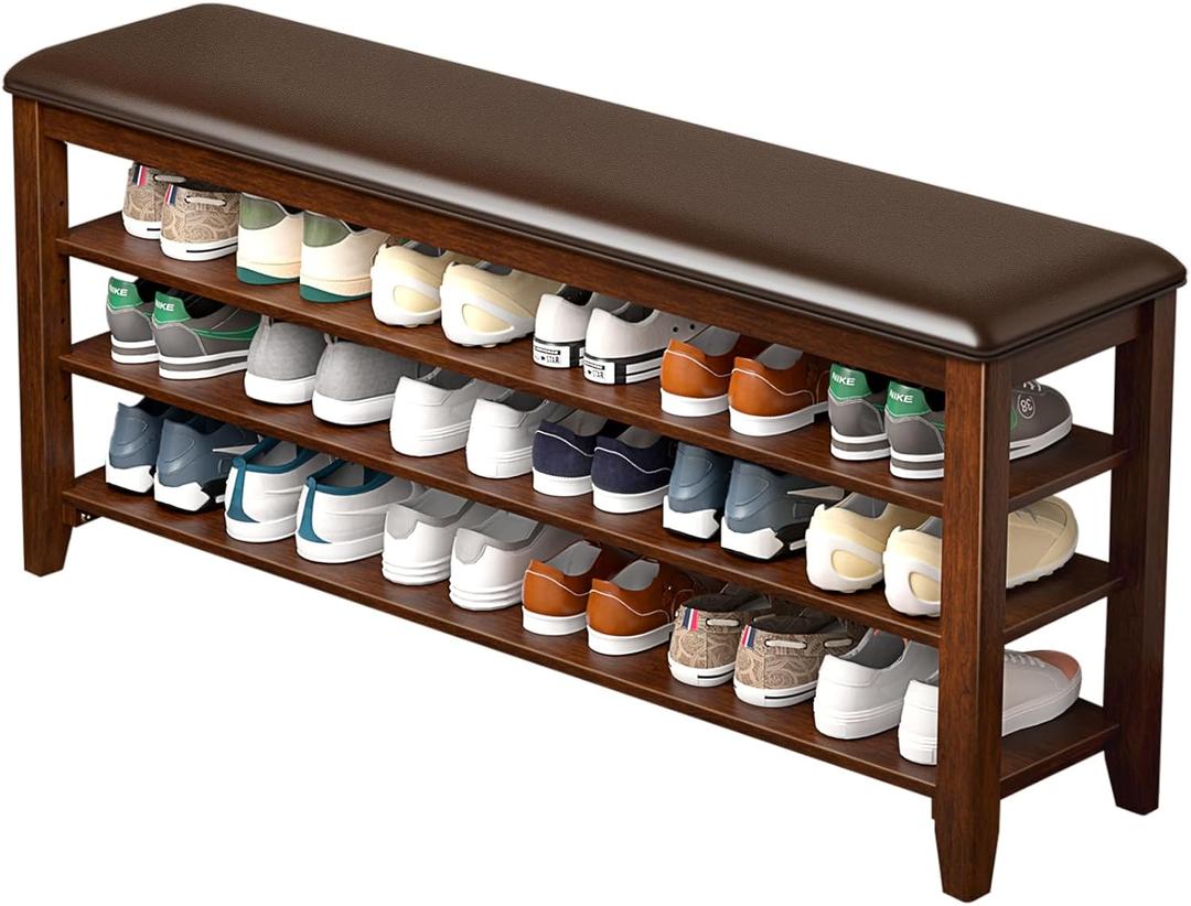 Shoe Bench Storage Rubberwood with Leather Cushion for Entryway Bench Ideal for Hallways Shoe Rack Front Doors Entrances Mudrooms Featuring 3 Height-Adjustable and Removable Shelves (47.2")