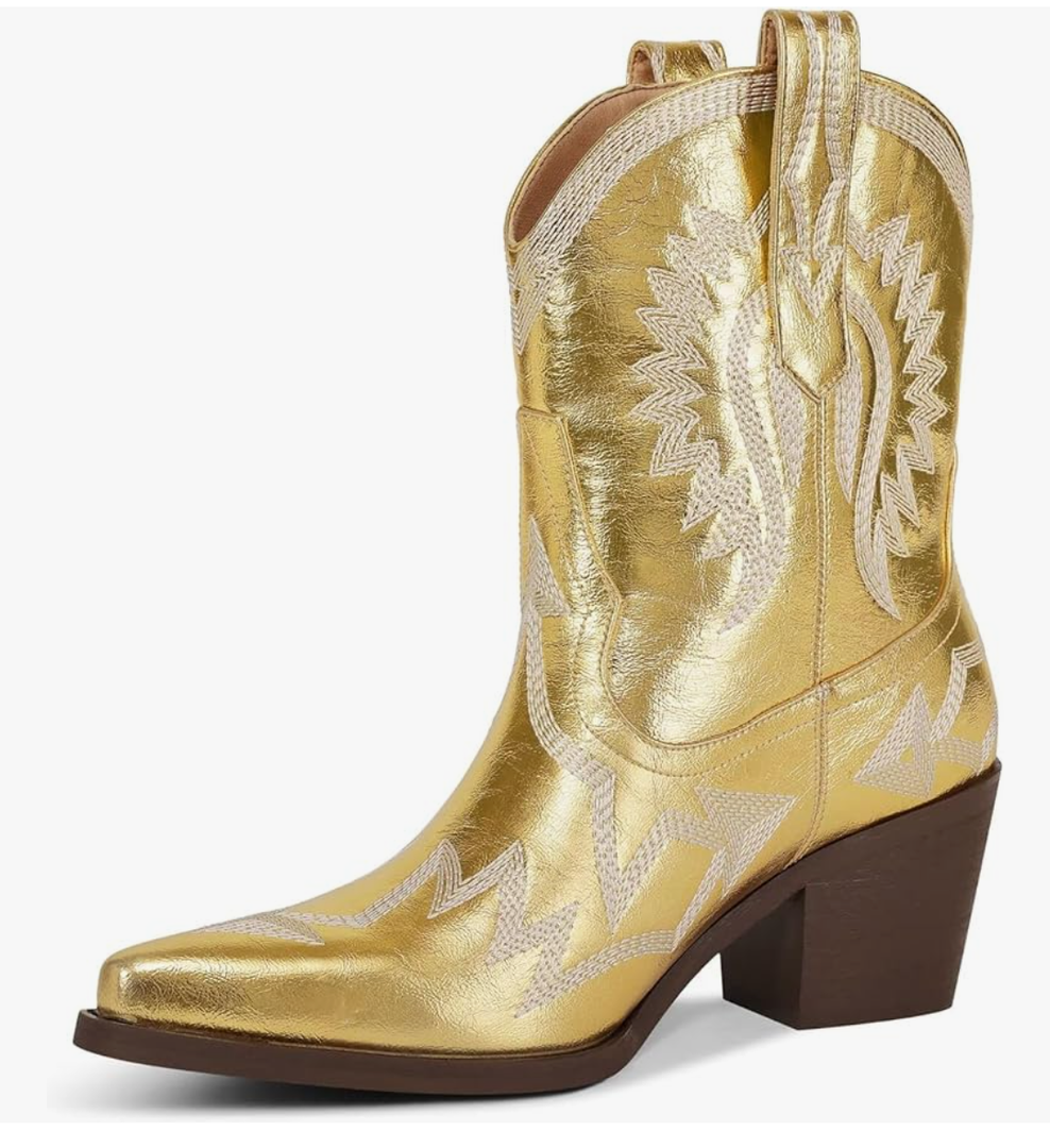 Western Boots for Women Metallic Embroidered Pointed Toe Cowgirl Boots Chunky Heel Pull-On Short Cowboy Boots Wide Calf Country Ankle Boots 8,5