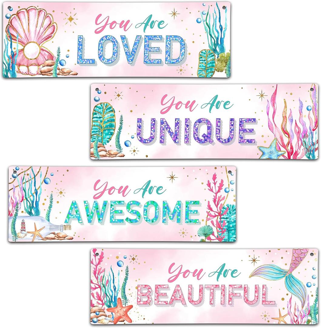 4 Pieces Mermaid Girls Bathroom Room Decor, 11.8" x 3.9" Under the Sea Wall Decor Wood Sign, Motivational Wall Art For Kids Room Nursery Playroom Classroom-A07
