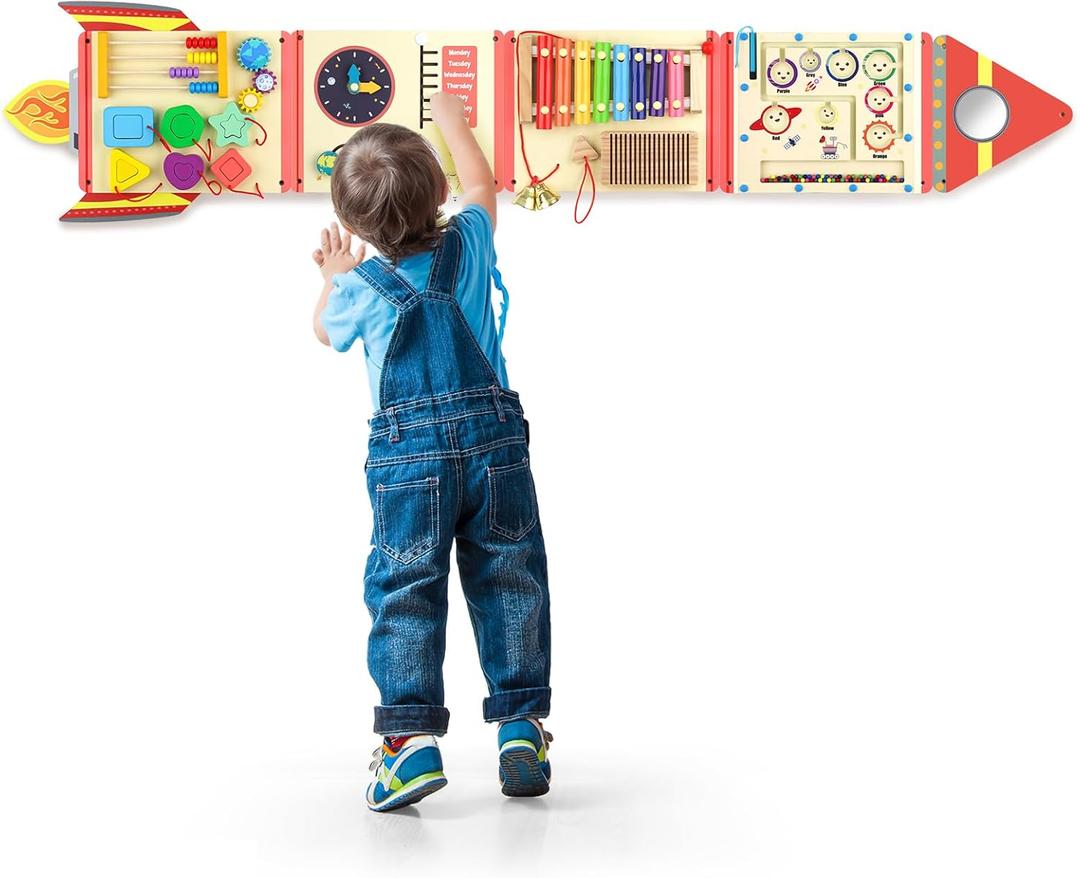 Hdsahdok 5FT Large Wooden Activity Wall Busy Board, Montessori Sensory Wall Panel for Toddlers, 12 in 1 Learning Activitie Center,Gift for Kids 1-3 Year Olds, Playroom Toy for Boys and Girls