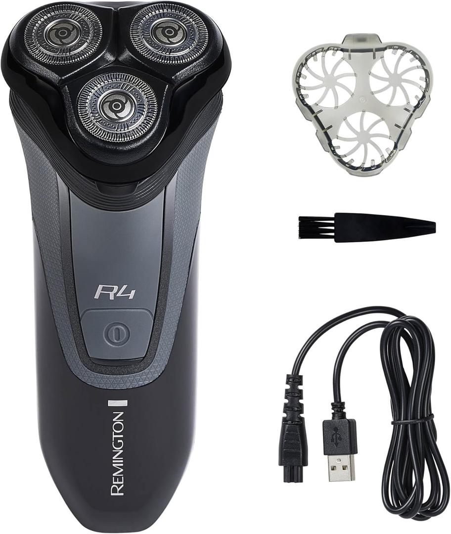 Remington R4 Style Series Rotary Shaver for Men, Flexing Technology and Sensitive Skin Comfort, Rechargeable Wet or Dry Electric Razor with Graphite Coating, Pop Up Trimmer, and Stubble Attachment (1 Count (Pack of 1), Black)