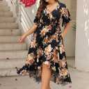 Keluummi Plus Size Summer Wedding Guest Maxi Dress for Curvy Women, V Neck 3/4 Sleeve Empire Waist A Line Floral Long Dress (Black, L)