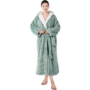 Women's robes hooded winter warm with pockets soft bathrobe for women Cozy Spa Lounge wear ladies plush full length (Large, Green)