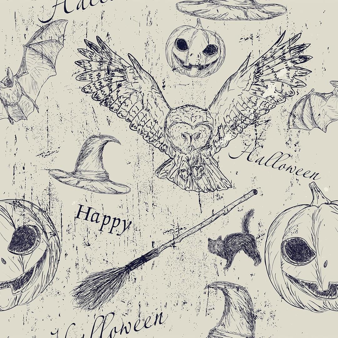 FunStick Vintage Grey Beige Wallpaper Peel and Stick Harry Potter Navy Blue Owl Pumpkin Witchy Bat Gothic Wall Paper Mural for Bedroom Self Adhesive Beige Contact Paper for Walls Cabinets 17.5"x118" 