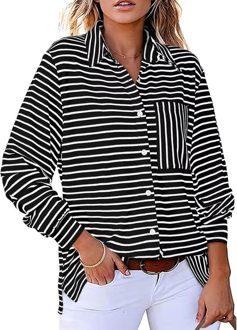 Astylish Women's 2025 Oversized Long Sleeve Shirts Button Up Striped Collared Front Pocket Top (Medium, Black)