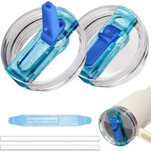 2 Pack 40 oz Tumbler Flip Straw Lid for Stanley Quencher ProTour Leak Proof Lid Replacement for Stanley H2.0 Quencher, Spill Proof Reusable Lid for Stanley Cup Accessories (Blue & Blue, 40 oz)