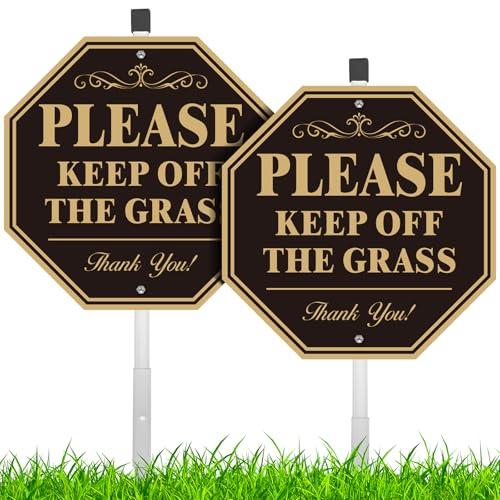 2 Pack Keep Off Grass Sign for Yard, Do Not Walk On Grass, 10''X10'' Sturdy Rust Free Aluminum Metal Signs With 28" Metal Stakes, No Dog Poop Lawn Signs, Fade Resistant, Weatherproof, Easy to Mount