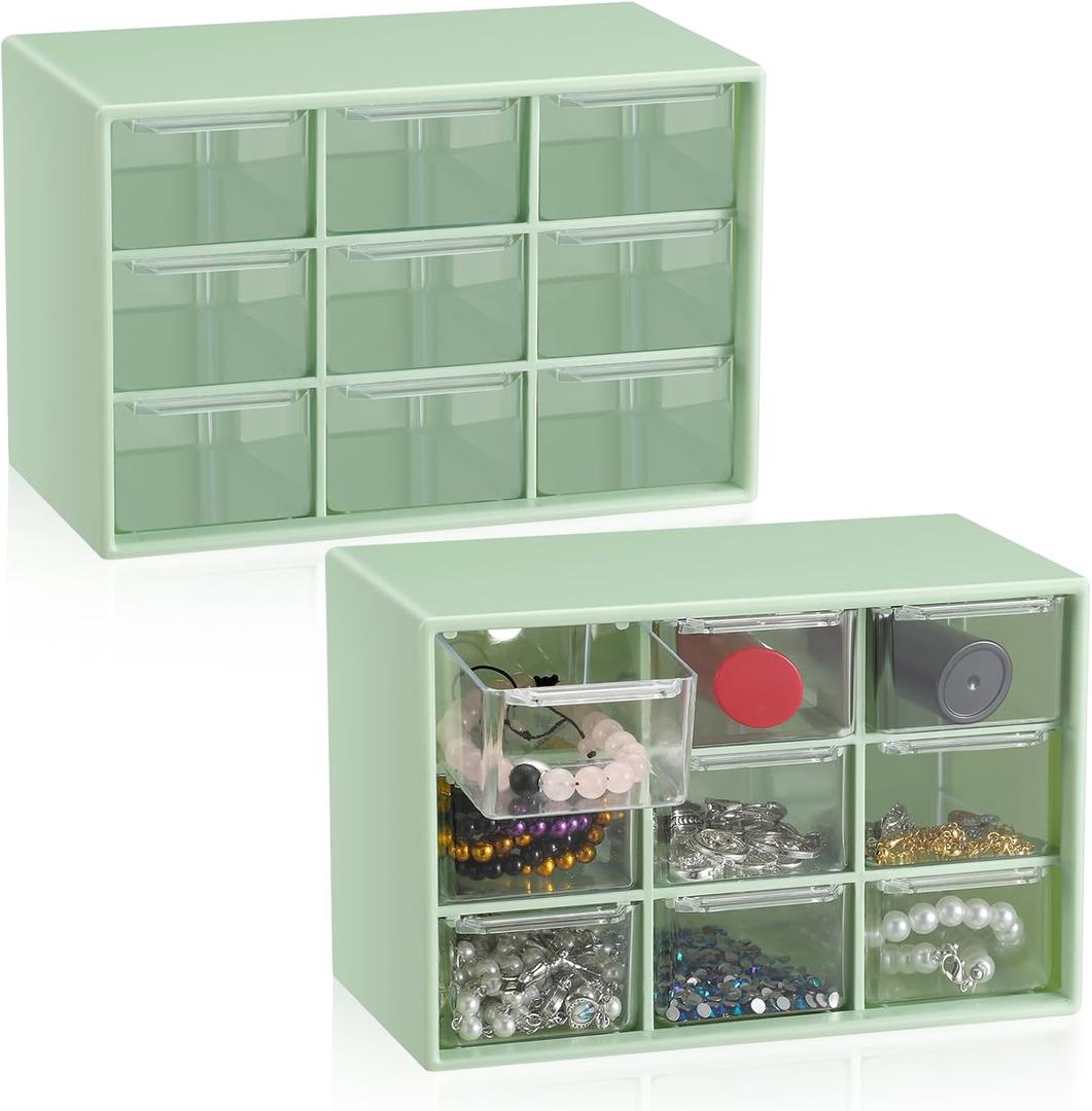 Wenqik 2 Pcs Mini Storage Drawers Teacher Toolbox Organizer with 9 Clear Drawers Small Plastic Desktop Teacher Desk Craft Organizer for Classroom Office 7" x 3. 9" x 4. 7"(Green)