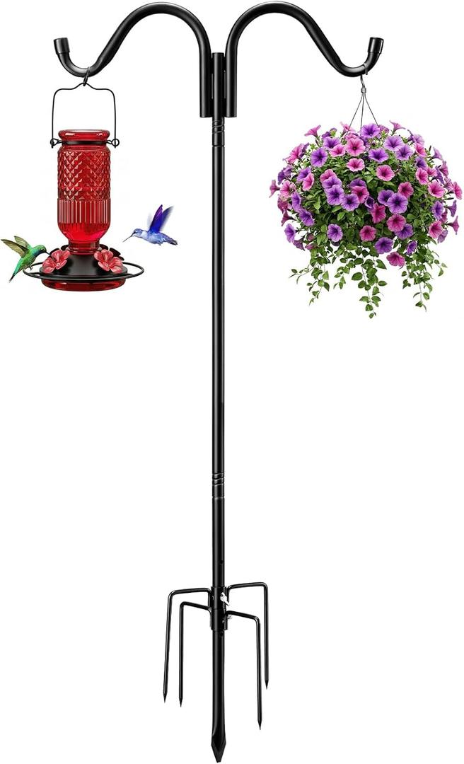 Double Shepherds Hook Heavy Duty, 98 Inch Adjustable Bird Feeder Pole with 5 Prongs Rustproof Base, Outdoor Shepard Hook for Hanging Bird Feeders, Hummingbird Feeder, Solar Lights, Lanterns