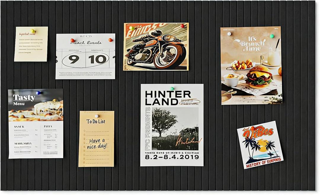 24 * 16 inches Bulletin Board, Decorative Felt Pin Board, 0.35“ Thick Foldable Photo Display Board with Self-Adhesive Tape, Vision Board for School Home Kitchen Office Walls - Black