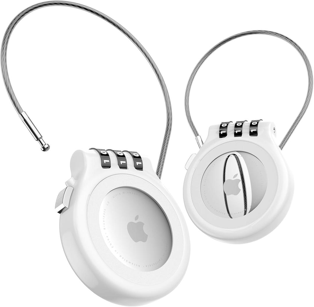 AirTag Holder with 3-Digit Combination Lock, Zinc Alloy Anti-Theft Protective Case with Steel Cable, Secure Lock for Luggage, Strollers, Backpacks Christmas White Elephant Gift for Women Man - White