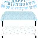 Blue Bow Birthday Decorations and 2 Bow Tablecloths Pre-strung Happy Birthday Banner Cute Theme Blue Bows Party Decoration Suitable for Women, Girls