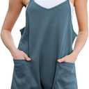 Rompers for Women Summer Casual Waffle Knit Sleeveless Romper Spaghetti Strap Shorts Overalls Jumpsuit with Pockets (Large, Blue)