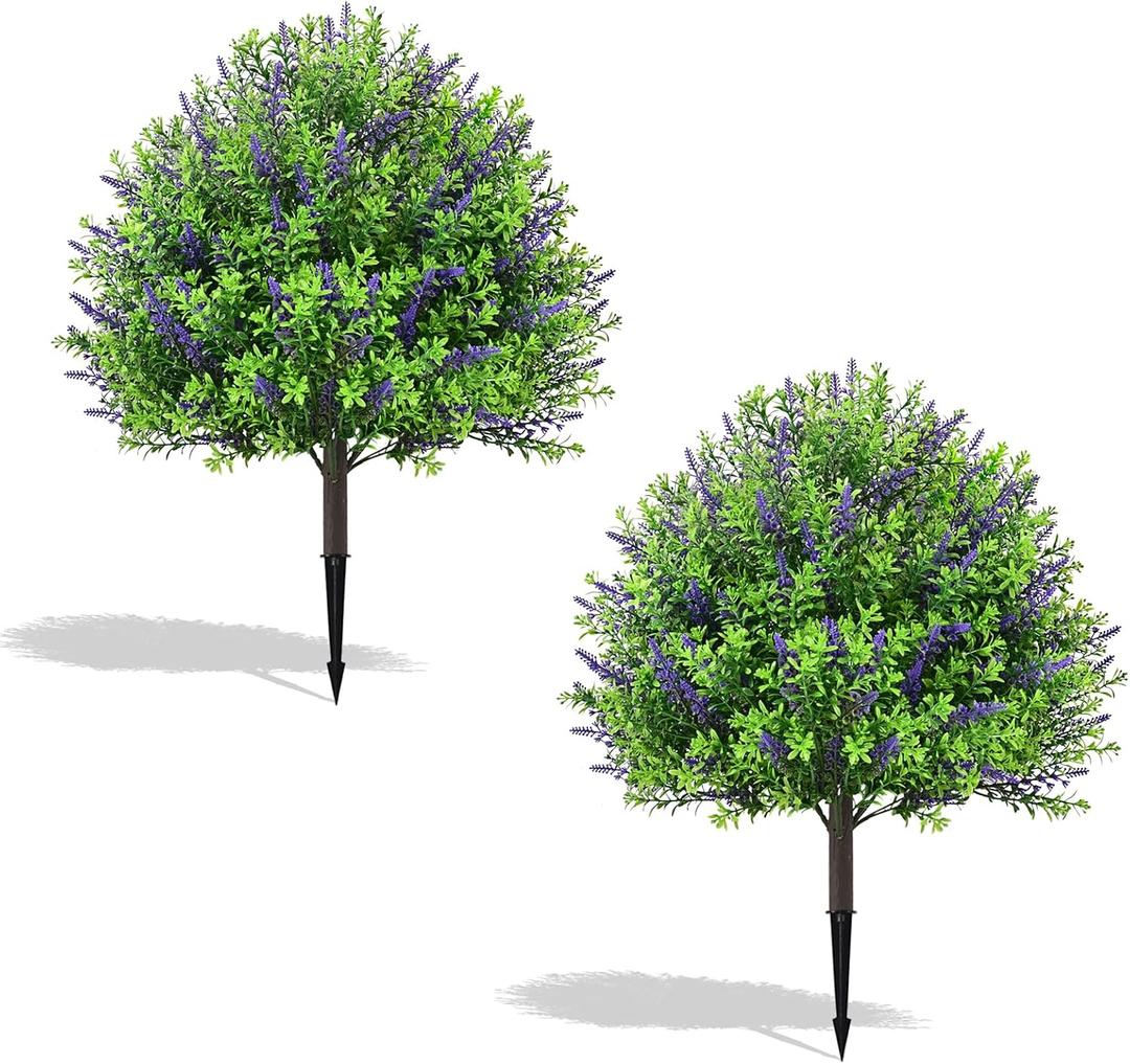 Artificial Boxwood Topiary Ball Bush with Lavender Flower: Set of 2 Faux Greenery Shrubs with Ground Spike, 22 Fake Boxwood Plants for Outdoor, Indoor, Patio, Garden Decor