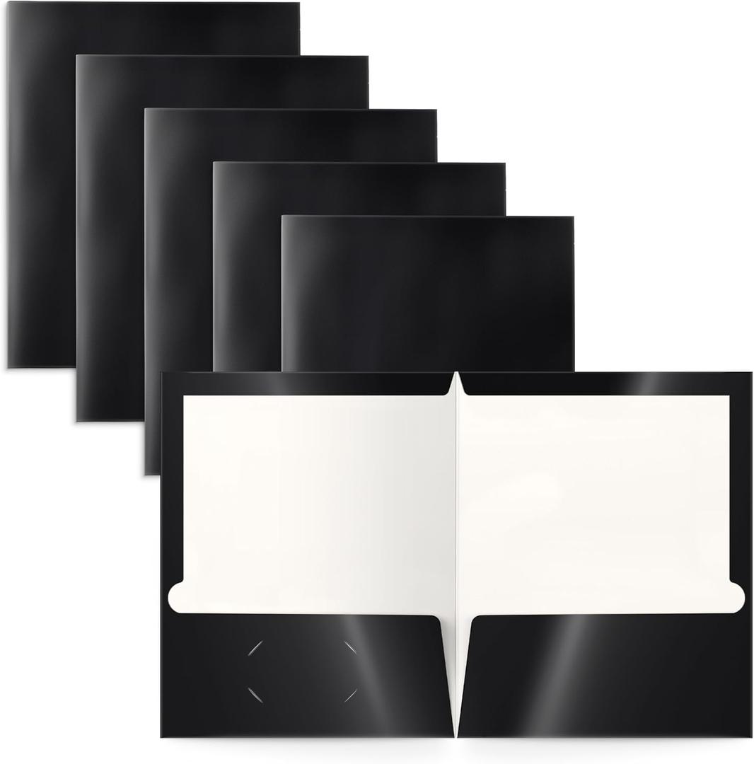 Better Office Products 2 Pocket Glossy Laminated Black Paper Folders, Letter Size, Black Paper Portfolios, Box of 25