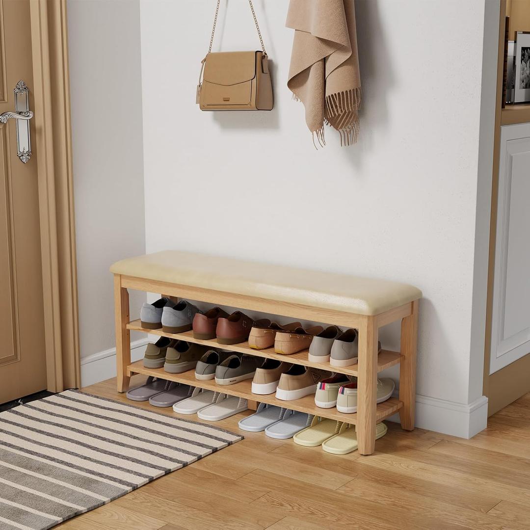 Wood Shoe Rack Bench for Entryway, Shoe Rack for Front Door Entrance with Leather Cushion, 2 Tier Shoe Bench with Shoe Storage for Entryway, Bedroom. (39.4"W x 20.4"H x 11.8"D, Nature-leather Seat)