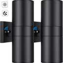 Modern Outdoor Wall Light with Dusk to Dawn Sensor, Exterior Light Fixture Wall Mount Waterproof Anti-Rust Cylinder, Up and Down 2 Lights Black Sconces for Porch Patio House Outside Entryway, 2-Pack