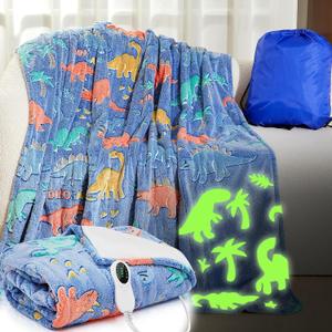 Kids Heated Blanket Dinosaur Electric Glow in The Dark 50"x60" Heating Blanket Girls Boys Children Valentine's Birthday Gifts with 10 Heating Levels & 8 Hours Auto Off Etl Certified