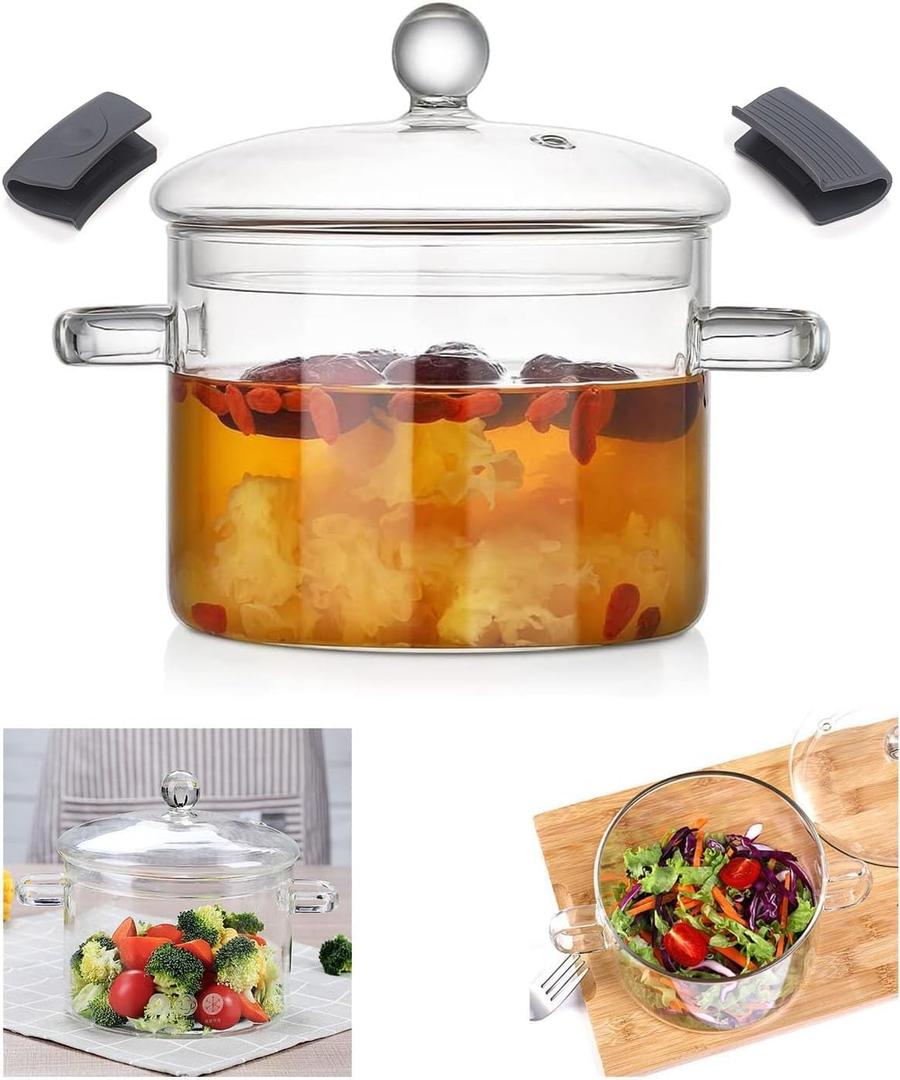 1.4L/48Fl Oz Glass Saucepan with Cover, Stovetop Cooking Pot with Lid and Handle Simmer Pot Clear Soup Pot with Lid, Soup, Milk, Baby Food