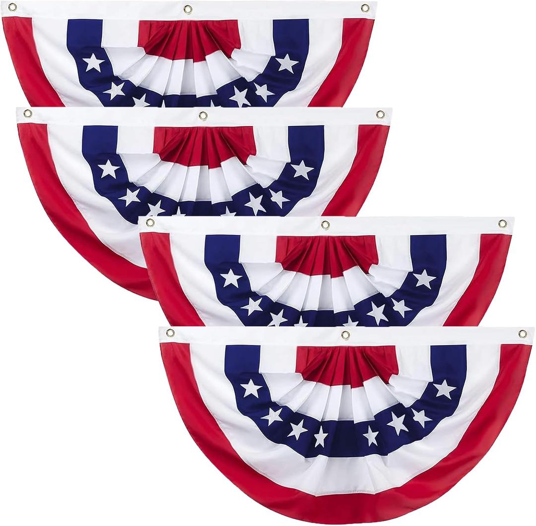 3x6Ft American Bunting Flags for Outside: 4th of July Decorations Outdoor USA Patriotic Pleated Half Fan Bunting Flag for Porch Banner Decor 4 pack