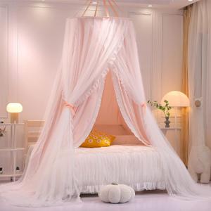 VETHIN Double Layer Princess Round Dome Canopy Bed Curtain for Girls Adults,Children Dreamy Mosquito Net,Cute Bedroom Decoration Castle Play Tent Reading Nook Canopies(Dome-Pink/White), Queen