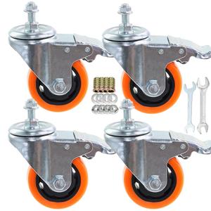 Heavy Duty Stem Caster Wheels M10-1.5X25mm Dual Locking No Noise PVC Threaded Stem Caster Wheels Pack of 4 for Workbench, Dolly, Furniture (3 Inch, Orange)
