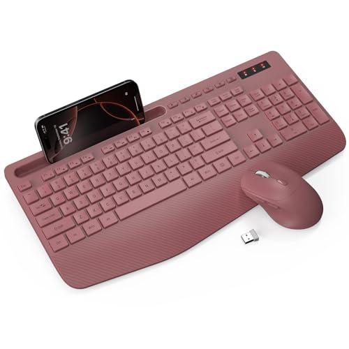 Wireless Keyboard and Mouse Combo - Full-Sized Ergonomic Keyboard with Wrist Rest, Phone Holder, Sleep Mode