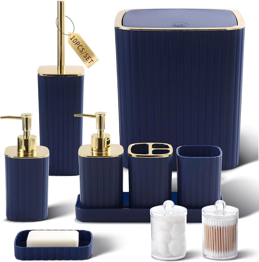 Bathroom Accessories Set - Gorgeous Bathroom Set, 10PC Navy Blue Bathroom Accessory Set, Toilet Brush, Trash Can, Qtip Holder & Soap Dispenser