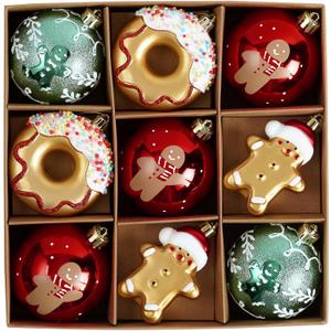 DecorbyHannah Large Gingerbread Christmas Ornaments Set, 9ct 3.15 inches Red Green Gold Ornaments for Christmas Tree Decorations, Shatterproof Plastic Hanging Balls Bulk for Xmas Indoor Party Decor