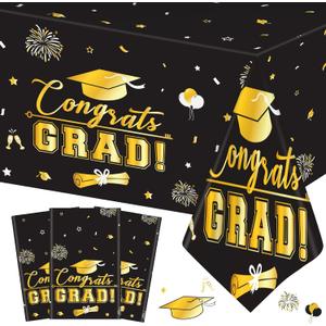 3 Pcs Graduation Tablecloth - Congrats Grad Table Cloth for Class of 2026,Disposable Plastic Rectangle Grad Table Cover for Graduation Party Decorations 2026 and Party Supplies, 54x108 Inch,Black Gold