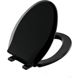 Black Toilet Seat Elongated, 18.5 x 14.2 Inch, Slow Close, Bottom-Mount Design, Fits 2-Piece Toilets, Durable & Easy to Install, PP Material Safe and Durable
