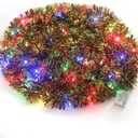 CCINEE Christmas Prelit Tinsel Garland, 33 Ft Multicolor Hanging Garland with 100 Multicolored Battery Operated LED String Lights for Christmas Tree Decoration Party Supplies