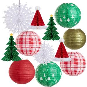 OBBOLO Christmas Hanging Decorations, 12 PCS Paper Lanterns, Honeycomb Christmas Trees, Hanging Paper Fans, Red Green Gold White Holiday Party Supplies for Home Xmas Holiday Party