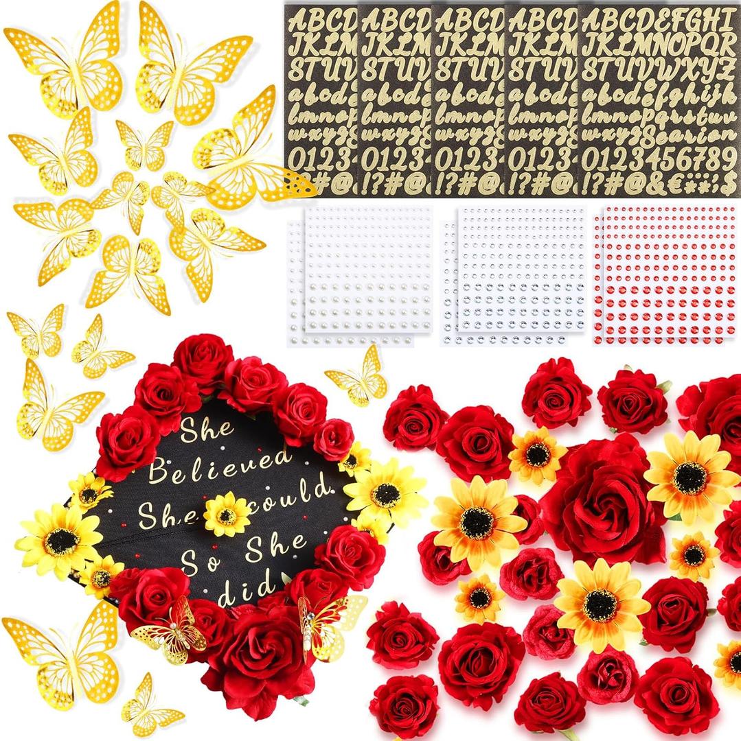 Hoteam DIY Graduation Cap Decorations Kit Included Faux Flowers 3D Butterfly Self Adhesive Rhinestones Glitter Alphabet Letter Stickers for 2026 Grad Cap Topper Party Gifts Decor(Red Yellow)