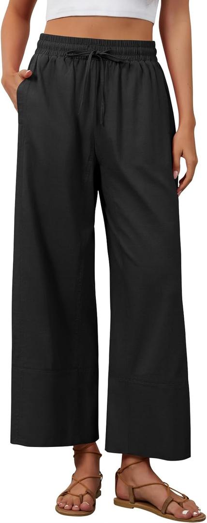Womens Linen Pants Cotton Boho Loose Palazzo Pants Wide Leg Long Lounge Trousers Drawstring with Pockets Beach (Black, M)