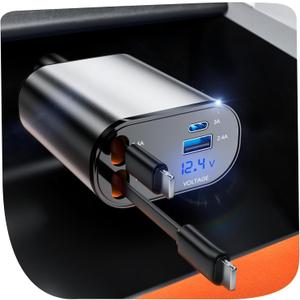 Retractable Car Charger, 4 in 1 Fast Charging 69W, Cigarette Lighter Adapter 2 Retractable iPhone Cables and USB Car Charger,Compatible with iPhone 14/13/12/11,Galaxy,Pixel