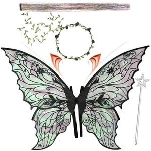 Fairy Wings for Adults and Girls，Fairy Costume Set with Floral Garland, Fairy Hair Tinsel, Wand & Elf Ears – 29"x21" Organza Butterfly Wings – Ideal for Cosplay, Party, Blus