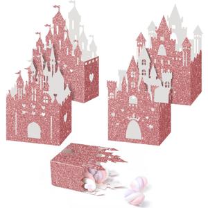 24 Pieces Princess Castle Candy Boxes Glitter Princess Castle Party Decorations Birthday Favor Boxes for Wedding Birthday Party Supplies(Rose Gold)