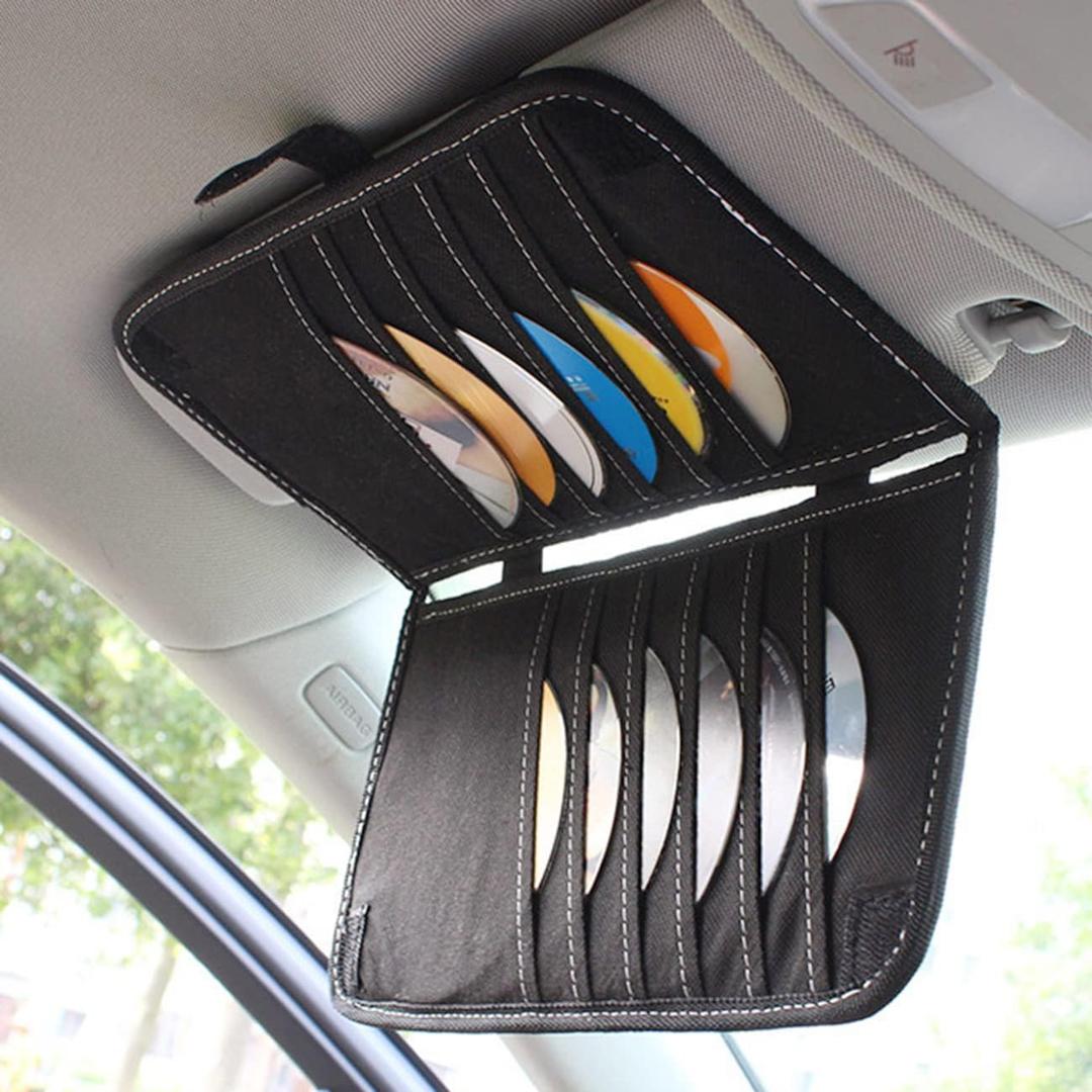 Car Visor Organizer, 14-Capacity CD Storage Case, Black, Non-woven Cloth & PU Leather, Collapsible, 12.5 x 6.1 x 0.4 inches (folded), Automotive Parts, Car Organizer (Style of Black White Line)