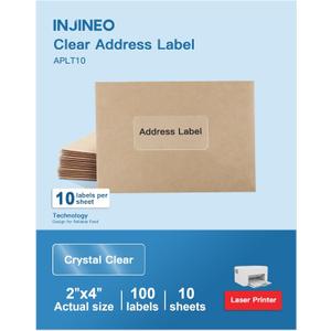 2" x 4" Clear Address Labels, Shipping Address Labels for Laser Printers, Compatible with 8663, 5663, 6522, 18663, Waterproof Label, Easy to Peel (100 Labels, 10 Sheets), APLT10