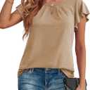 AWULIFFAN Womens Ruffle Short Sleeve Dressy Casual Top Pleated V Neck T-Shirt Keyhole Blouses (Small, 06 Khaki)