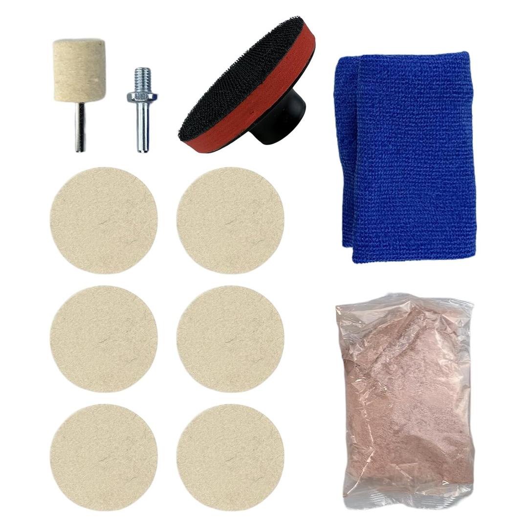 9Pcs/Set Glass Polishing Kit, 100g Cerium Oxide Powder Polishing Kit with Towel Polishing Wheels Set Polish Pads, Deep Scratch Remover for Windscreen and Glass Repair (2)