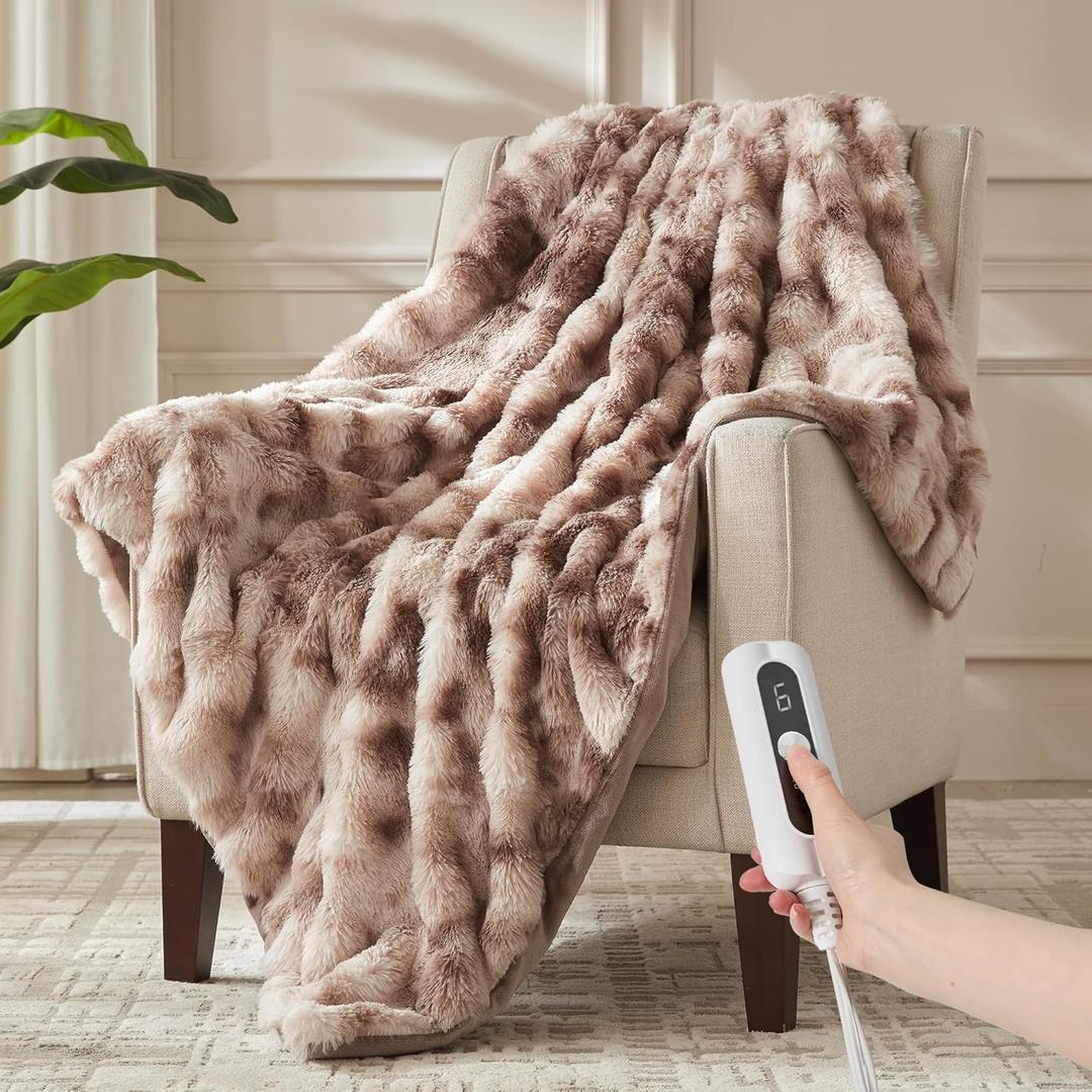 Heated Blanket Twin Size- Plush Thick Bubble Faux Fur Heated Blanket, Fast Heating Electric Blanket 6 Heating Levels & 10 Hours Auto-Off, Machine Washable, 62"x84", Patterned Taupe