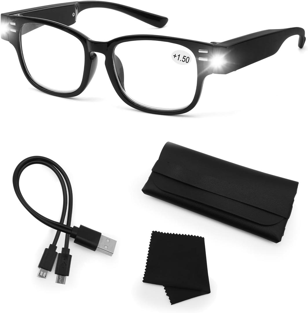 Reading Glasses with Lights Rechargeable Magnifying Glasses Hands Free Magnifier Eyeglasses for Close Work Reading (Black)