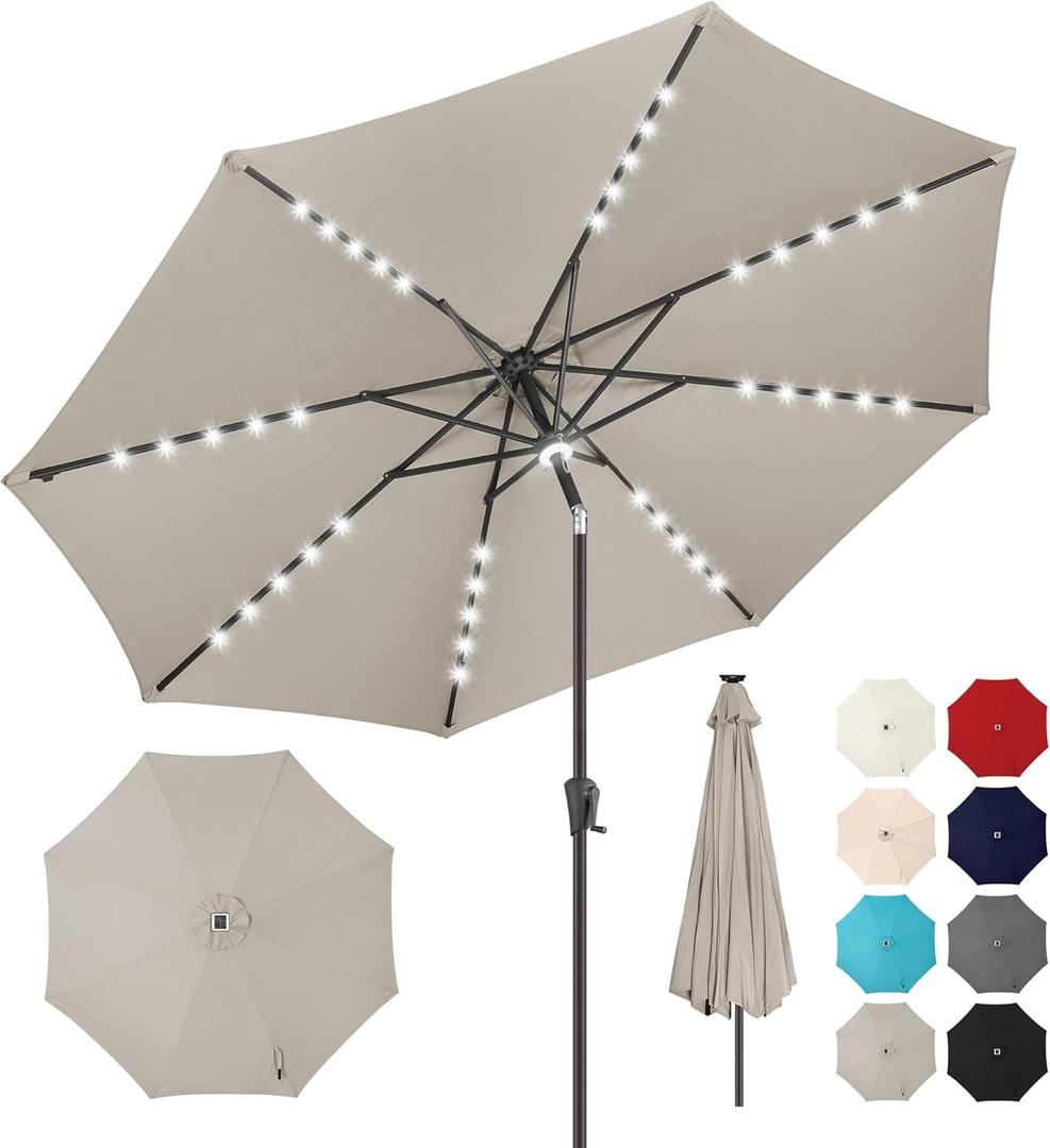 9ft Solar Umbrella Outdoor - Lighted Patio Umbrella with 40 LED Lights Waterprool Uv Protection, Table Umbrella with Tilt & Crank for Pool, Porch, Garden, Deck, Backyard(Taupe)